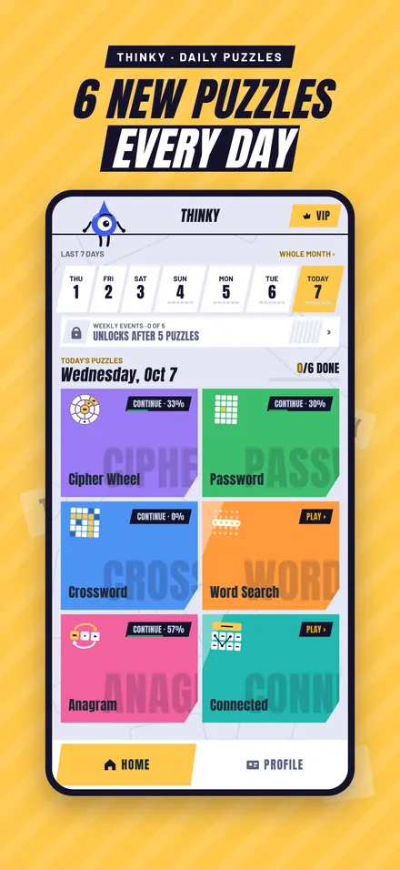 Thinky home screen with the six puzzles of the day